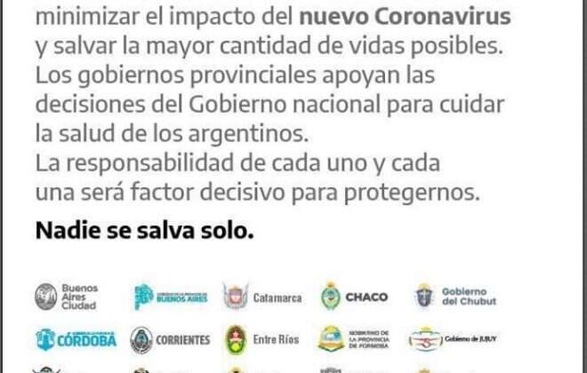 “Nadie se salva solo”: Argentina unida ante el coronavirus
